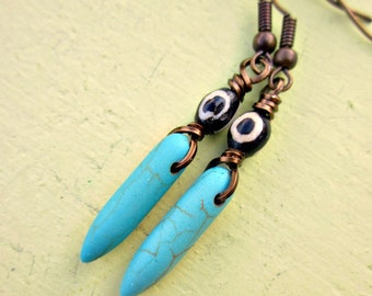 Rustic Bronze with Dyed Bone and Blue Stone Pin Dangle Earrings: Needle Eye