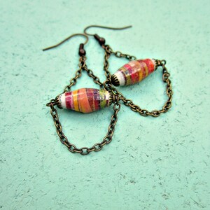 Rustic Brass Chain Chandelier Dangle Earrings featuring Orange Salvaged Paper Beads: Rhett image 5