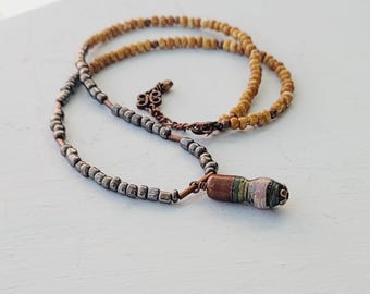 Salvaged Paper Pendant and Glass Beaded Necklace: Decade