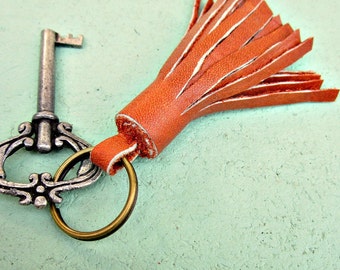 Chunky Tassel Keyring, Purse Embellishment with Salvaged Orange Leather: Vagabond