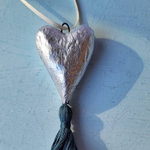 Silver Paper Mache Foil Leaf Heart Ornament with Tassel image 2