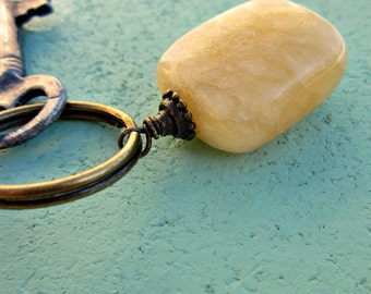 Rustic Brass Keyring or Purse Charm with Stone Accent: Buttercup