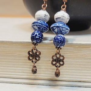 Recycled Paper and Blue Chinoiserie Bead Dangle Earrings: Shin