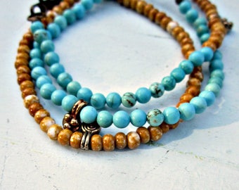 Bracelets Set of Three Blue and Tan Beaded Clasp Bracelets: Algiers