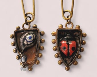 Rustic Bronze Kilt Pins with Paper Mache Luck Charms: Talisman