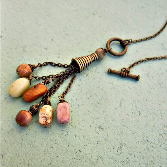 Adjustable Long Rustic Brass Front Clasp Y Necklace with Stone Etsy