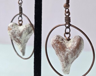 Copper Hoop Earrings with Salvaged Paper Mache Hearts: Trapeze