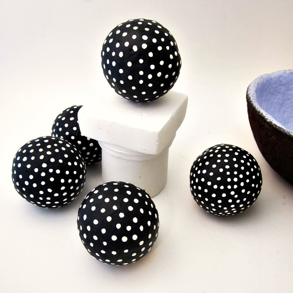 Decorative Paper Mache Accent Balls Set of Five Black Polka Etsy