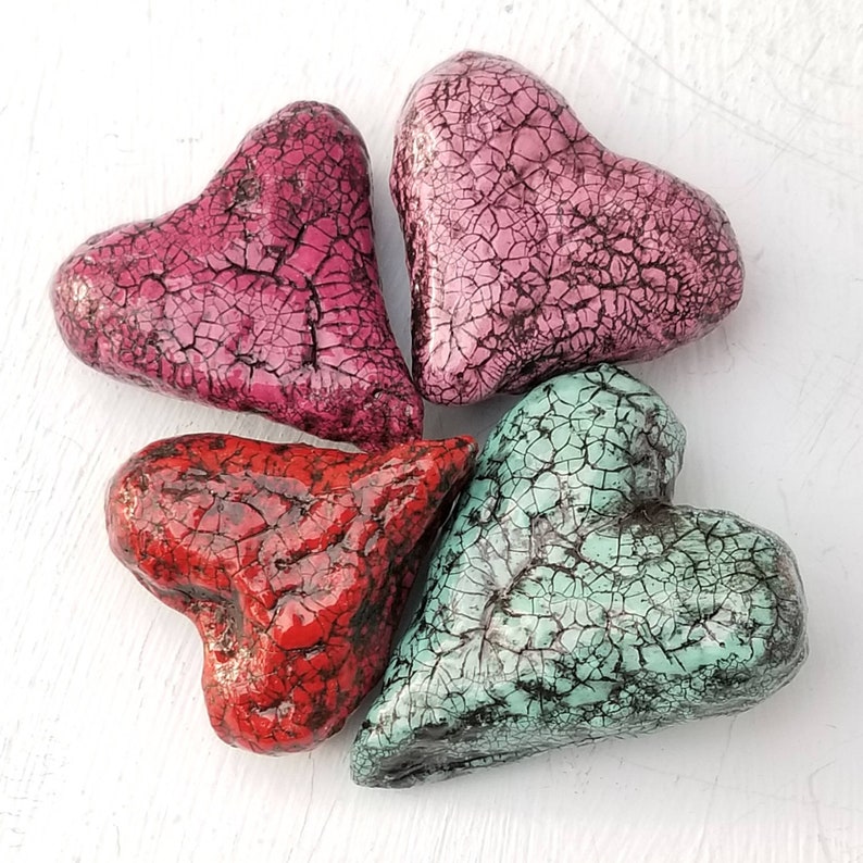 Paper Mache Heart Magnet Set, Collection of Four Crackle Finish Home and Office Accents: Terry image 2
