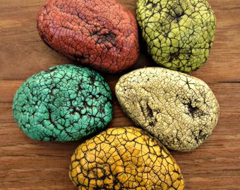 Paper Mache Magnet Set of Five Papier Mache Stone Magnets Recycled Decor: Jardin Vert MADE TO ORDER