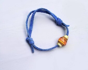 Bracelet, Blue Suede Cord Sliding Clasp Bracelet with Paper Bead: Reggie