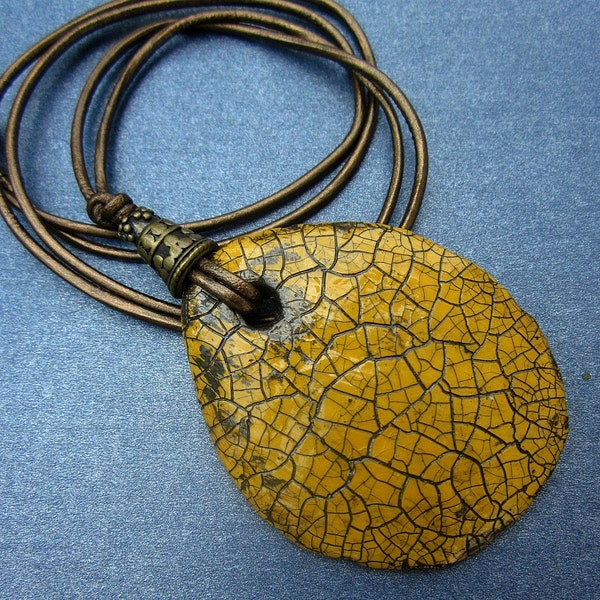 Paper Mache Pendant Necklace Mustard Yellow on Long Bronze Leather Cord: Curry