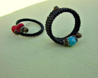 Beaded Black Matte Adjustable Stackable Memory Wire Rings with Red and Aqua Accents, Set of Two: Blue Valley