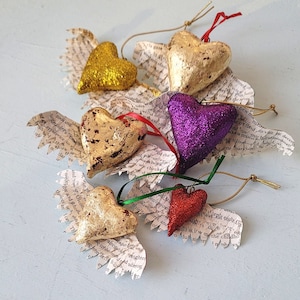 Winged Heart Handmade Paper Mache Glitter and Foil Leaf Ornaments: Seraphim