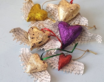 Winged Heart Handmade Paper Mache Glitter and Foil Leaf Ornaments: Seraphim