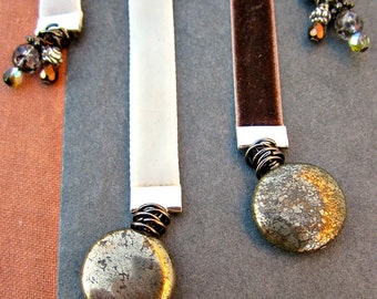 Pyrite Coin Beaded Velvet Ribbon Bookmark, Brown or Light Blue- Choose Your Color: 1849