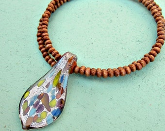 Adjustable Wood Beaded Memory Wire Choker with Speckled Dichroic Glass Pendant: Soho