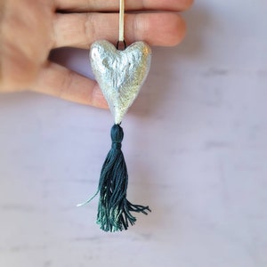 Silver Paper Mache Foil Leaf Heart Ornament with Tassel image 5