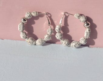 Recycled Paper Beaded Silver Hoop Earrings: Sarah