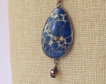 Adjustable Long Rustic Copper Chain and Cord Necklace with Blue Stone Pendant: Lake
