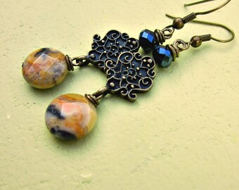 Yellow Agate and Glass Fancy Rustic Brass Dangle Earrings: Deeta