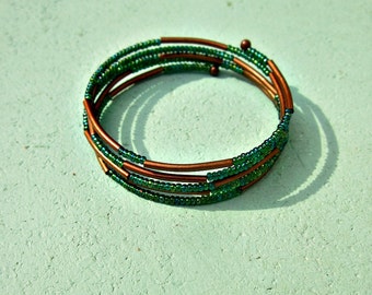 Beaded Bracelet, Fitted Cuff with Green Glass and Rustic Copper: Traveler