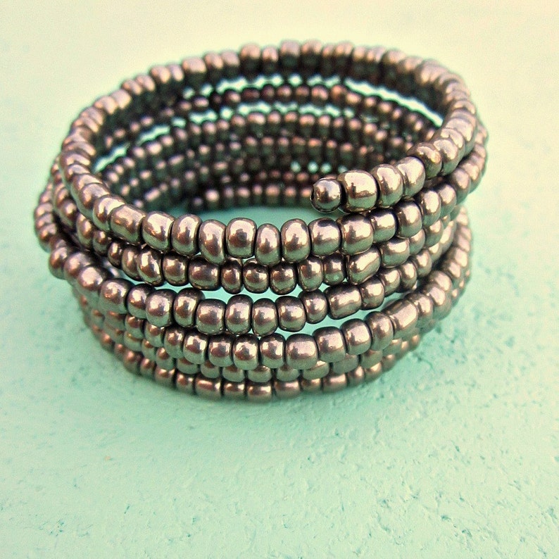 Wide Beaded Dark Silver Adjustable Memory Wire Cuff Bracelet image 4