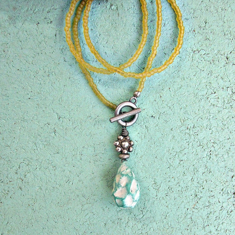 Beaded Front Closure with Salvaged Paper Pendant Ripple Necklace