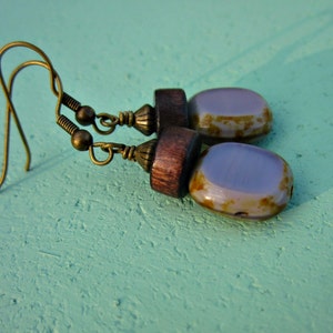 Fire Polished Lavender Glass and Dark Wood on Rustic Brass Dangle Earrings: Plunge image 2