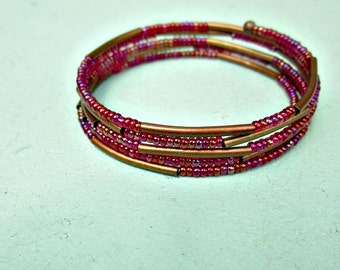 Beaded Bracelet, Fitted Cuff with Red Glass and Rustic Copper: Romany