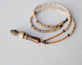 Salvaged Paper and Glass Beaded Unisex Necklace: Ampersand