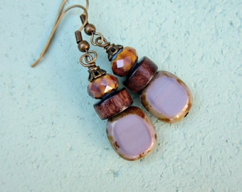 Dark Wood and Multicolored Fire Polished Glass on Rustic Brass Dangle Earrings: Indian Summer