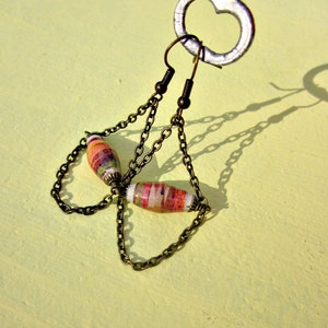 Rustic Brass Chain Chandelier Dangle Earrings featuring Orange Salvaged Paper Beads: Rhett image 1