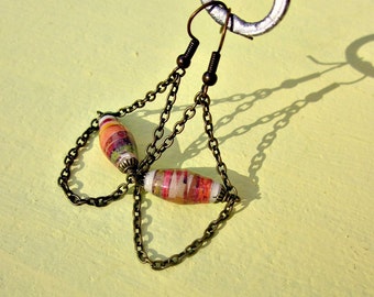 Rustic Brass Chain Chandelier Dangle Earrings featuring Orange Salvaged Paper Beads: Rhett