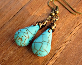 Blue Howlite Wire Wrapped Teardrop Dangle Earrings: Turquoise Tears