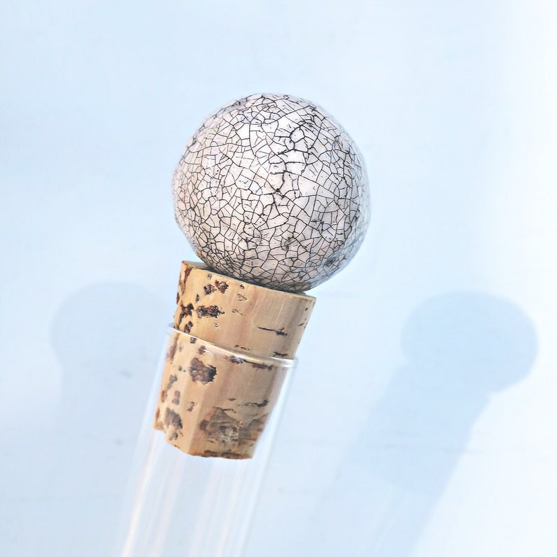 Bottle Stopper, Rustic White Crackled Paper Mache Ball on Cork: Hayden image 2