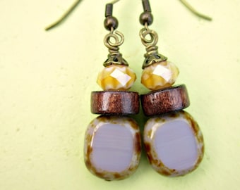 Dark Wood with Yellow and Lavender Fire Polished Glass on Rustic Brass Dangle Earrings: Corn Flower