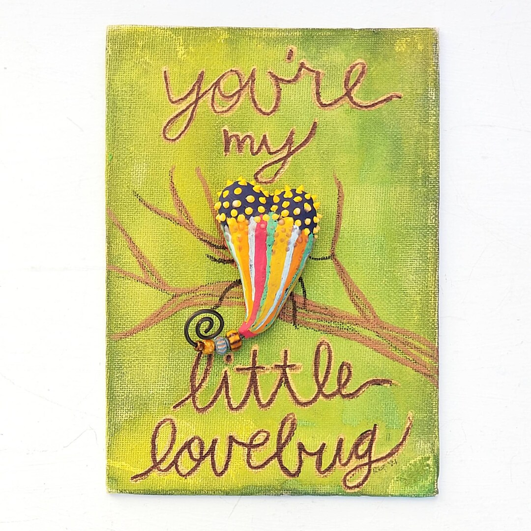 Greeting Art, Mini Paper Mache Heart Painting With Phrase: Lovebug - Etsy