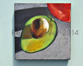 Original Oil Pastel Avocado Still Life on 12 x 12 Thick Canvas: Lunch