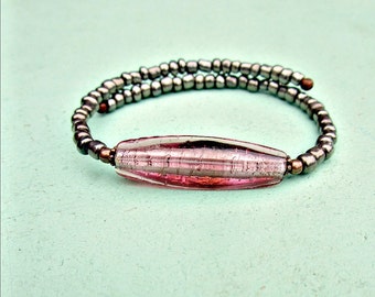 Skinny Dark Silver Beaded Cuff Bracelet with Pink Glass Accent: Lava