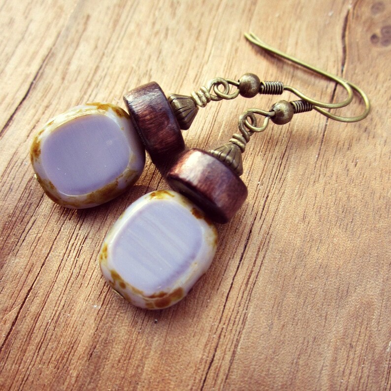 Fire Polished Lavender Glass and Dark Wood on Rustic Brass Dangle Earrings: Plunge image 4