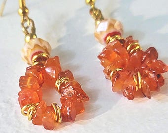 Faceted Glass and Carnelian Chip Orange Dangle Earrings: Bonfire