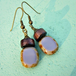 Fire Polished Lavender Glass and Dark Wood on Rustic Brass Dangle Earrings: Plunge image 1