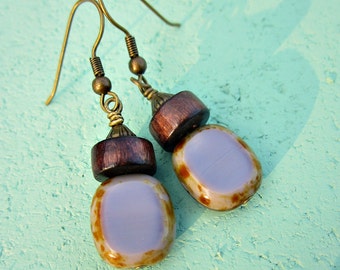Fire Polished Lavender Glass and Dark Wood on Rustic Brass Dangle Earrings: Plunge