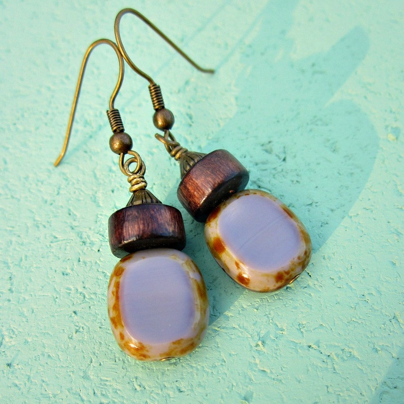 Fire Polished Lavender Glass and Dark Wood on Rustic Brass Dangle Earrings: Plunge image 1