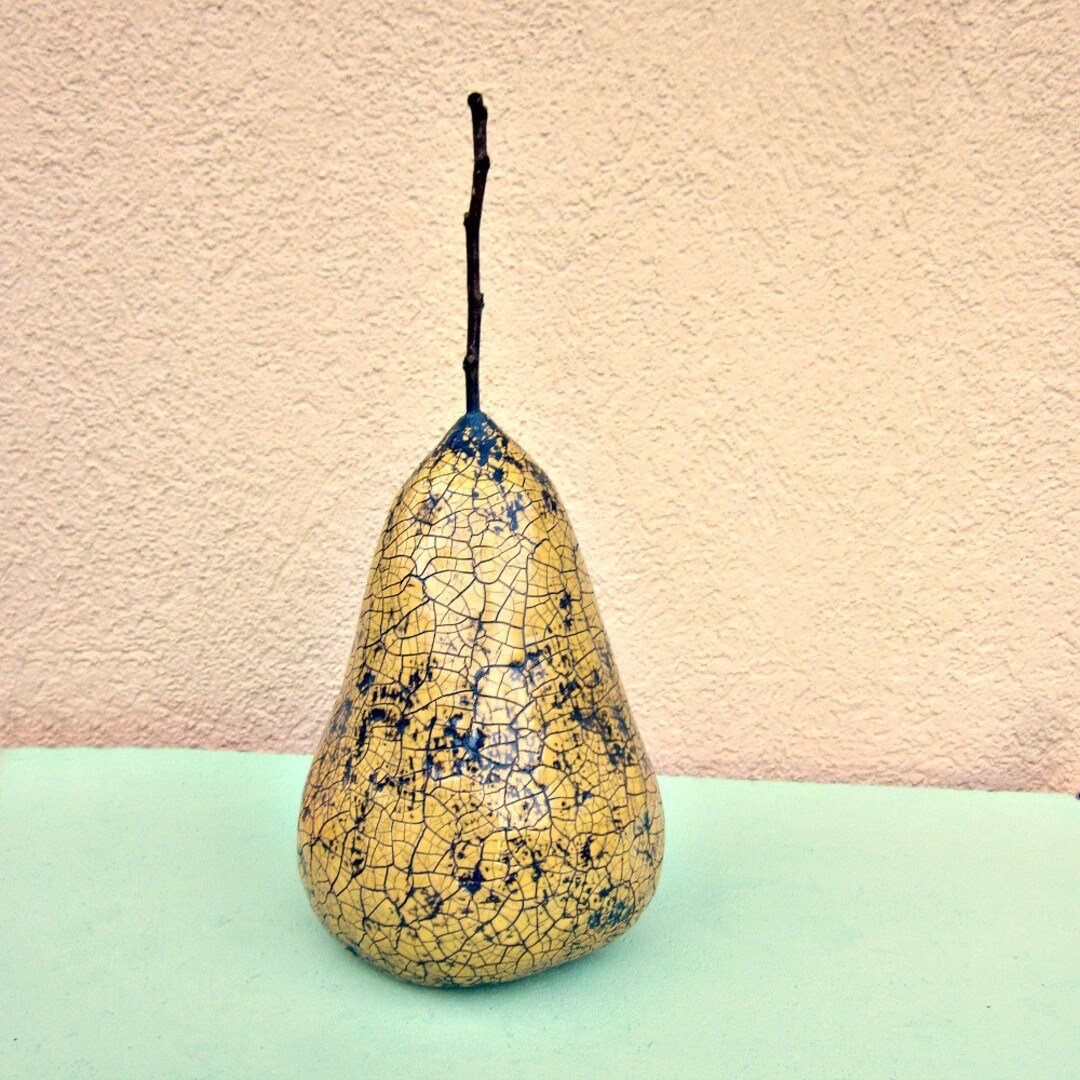 Paper Mache Pear Oversized Crackled Butternut Yellow Fruit Decorative