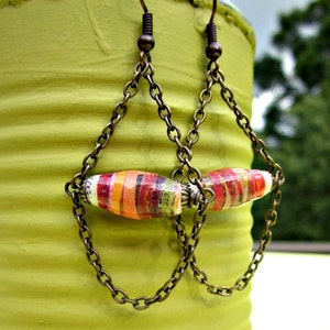 Rustic Brass Chain Chandelier Dangle Earrings featuring Orange Salvaged Paper Beads: Rhett image 2