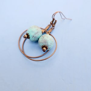 Earrings, Copper Hoops with Salvaged Turquoise Paper Beads: Malena