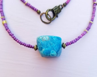 Glass Beaded Necklace with Blue Stone Pendant: St. Tropez