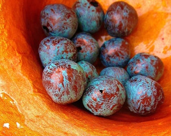 Beads, Handmade Copper and Aqua Paper Mache 10 pcs